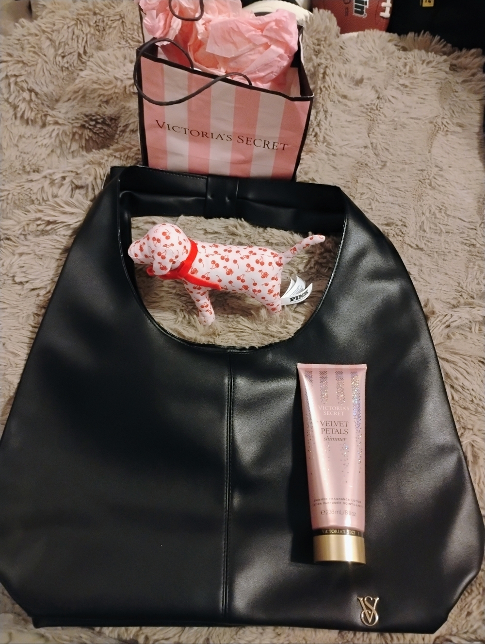 Black Faux Leather Victoria Secret Bag With Bow Strap And Free Lotion/Mini Dog